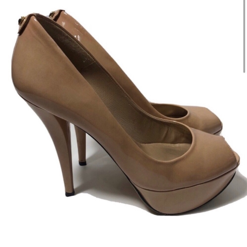 Stuart Weitzman Nude Tan Platform Peep-Toe Stilettos. Size 8.5.
